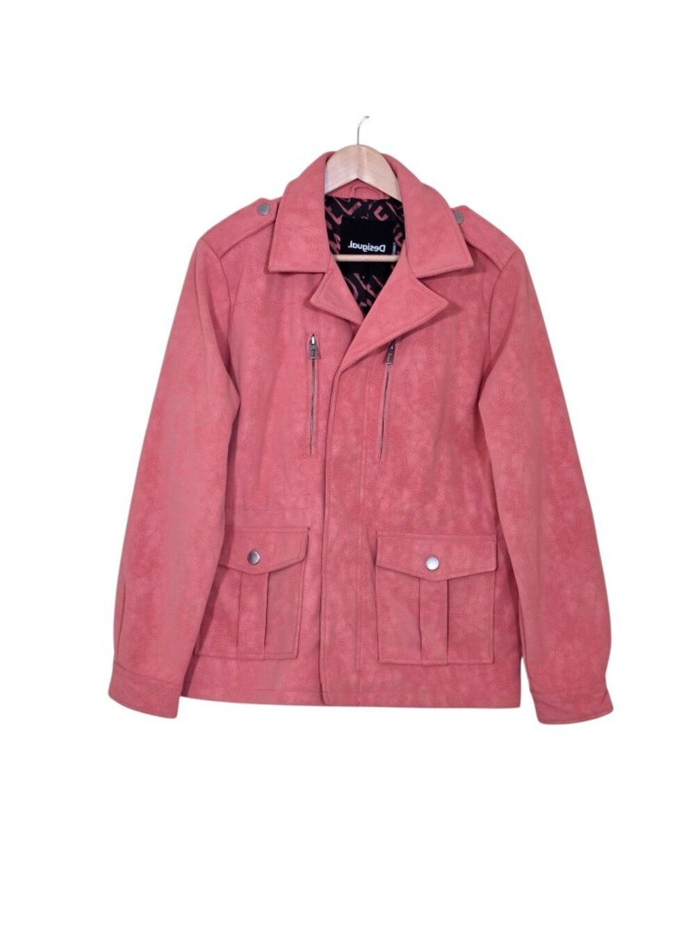 Desigual Faux Suede Utility Safari Jacket L Coral Cinch Waist Dopamine Dressing